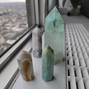 Green Fluorite Tower + Druzy Agate Crystal Towers Lot (4) 26.24 oz / 1.64lbs